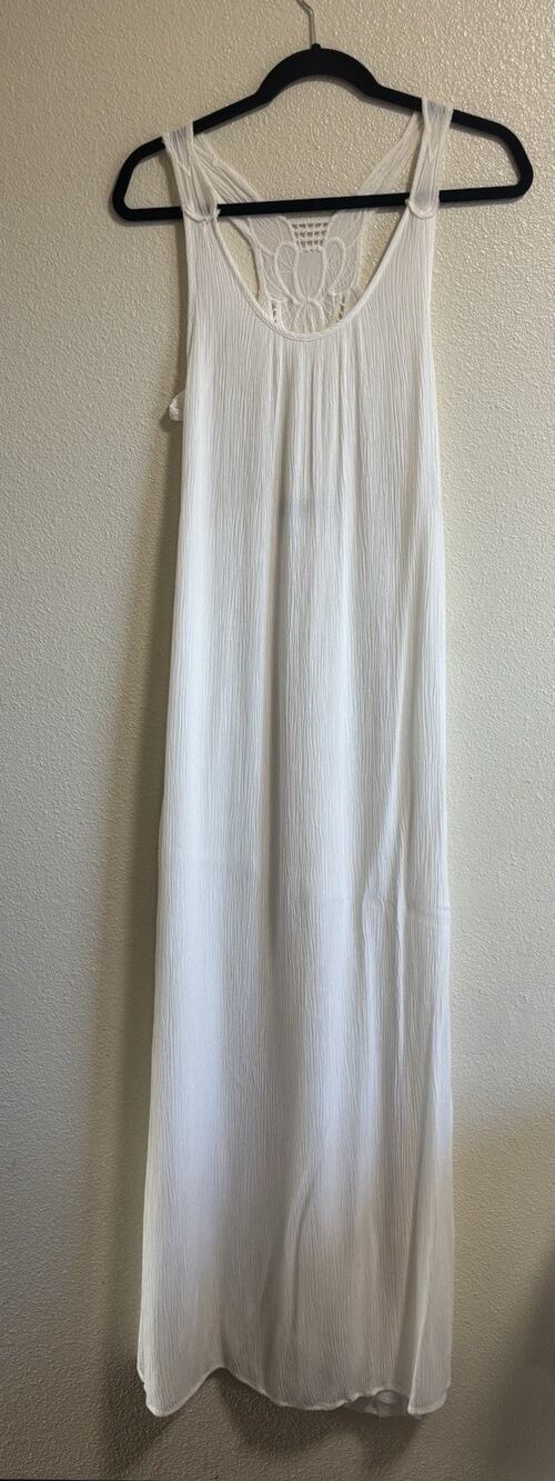 Lulus White Gauze Maxi Dress Crochet Back Sleeveless Boho Wedding Flowy Size S